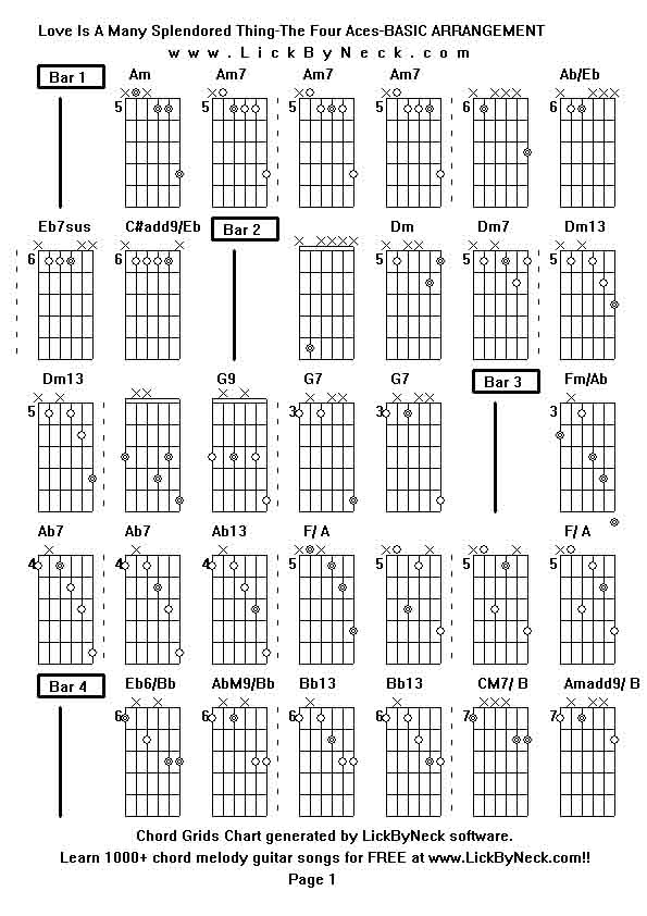 Chord Grids Chart of chord melody fingerstyle guitar song-Love Is A Many Splendored Thing-The Four Aces-BASIC ARRANGEMENT,generated by LickByNeck software.